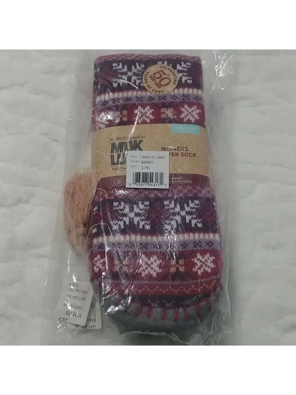 NIB Muk Luks Tassel Slipper Socks XL Berry Fair isle design with grey sole